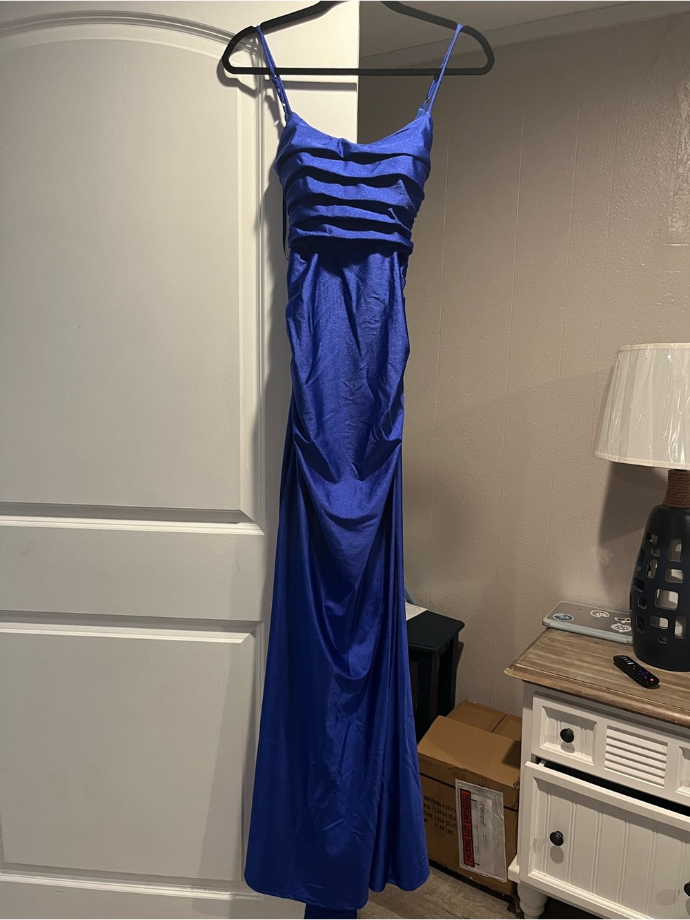 Satin Cobalt Blue Spaghetti-Strap Maxi Dress